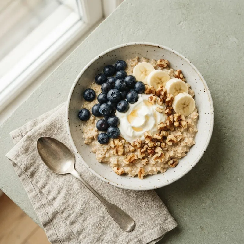 Oatmeal with blueberries, banana and walnuts