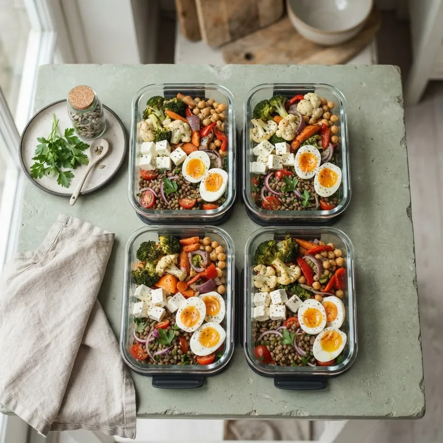 Four containers with lentil salad, roasted vegetables, feta and eggs