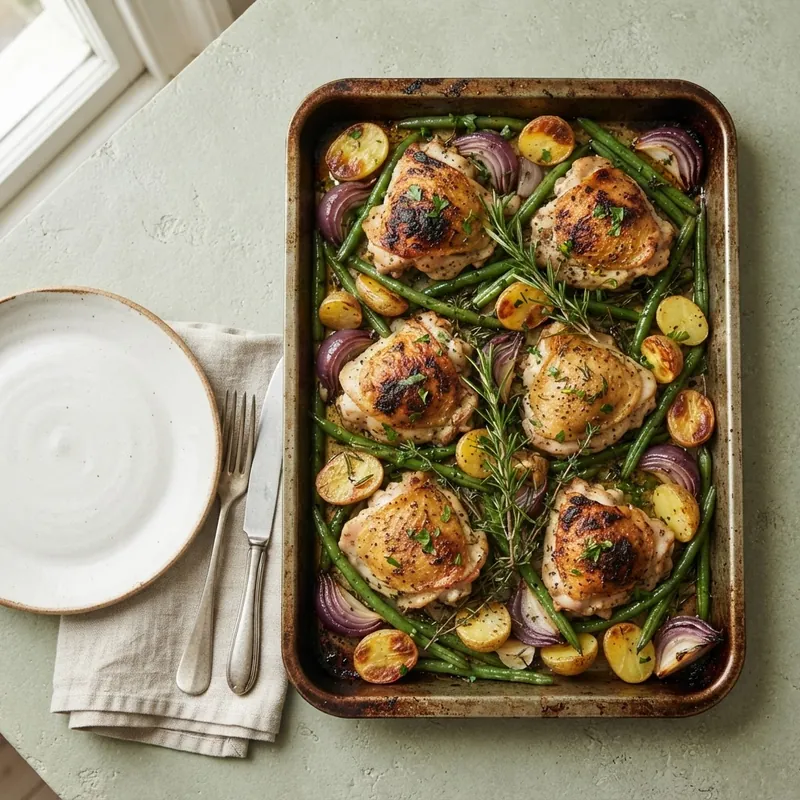 Oven-roasted chicken with baby potatoes and green beans